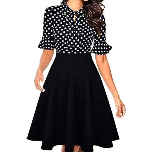 Retro Black White Polkadot Flutter Sleeve  Fit Flare Rockabilly Swing Dress Sz L - Picture 1 of 15